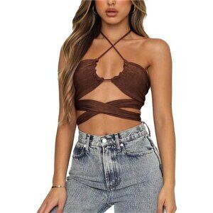 Brown Multi Way Wrap Halter Crop Top Backless Sexy Cutout Bandage Y2K Top